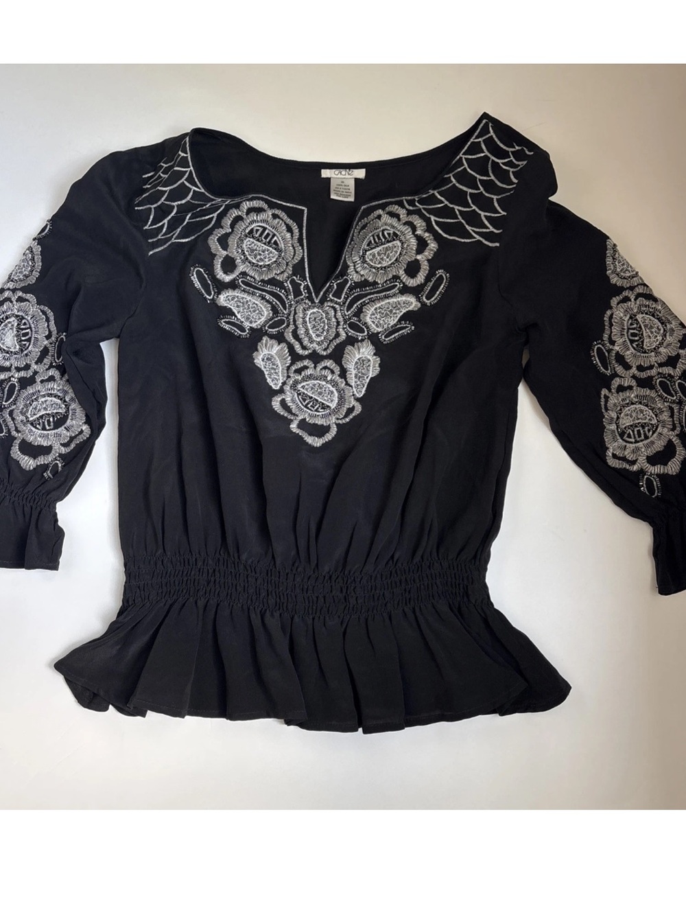 Cache Black Embroidered Peasant Top - XS